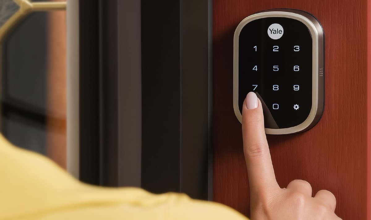 Cerradura inteligente con teclado en una puerta de entrada
